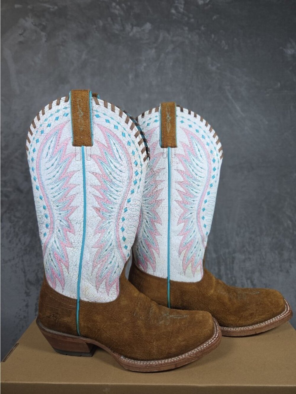 Ariat Women's Sz 6.5B Round Up Ruidoso Western Boots 10051063 Brown Cream Teal